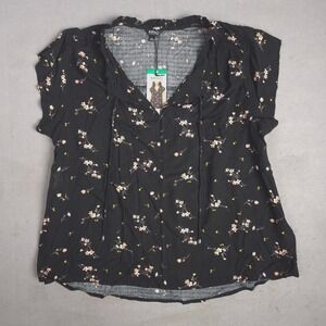 Buffalo David Bitton Floral Print Blouse Top Flutter Sleeve XL Black Ditsy